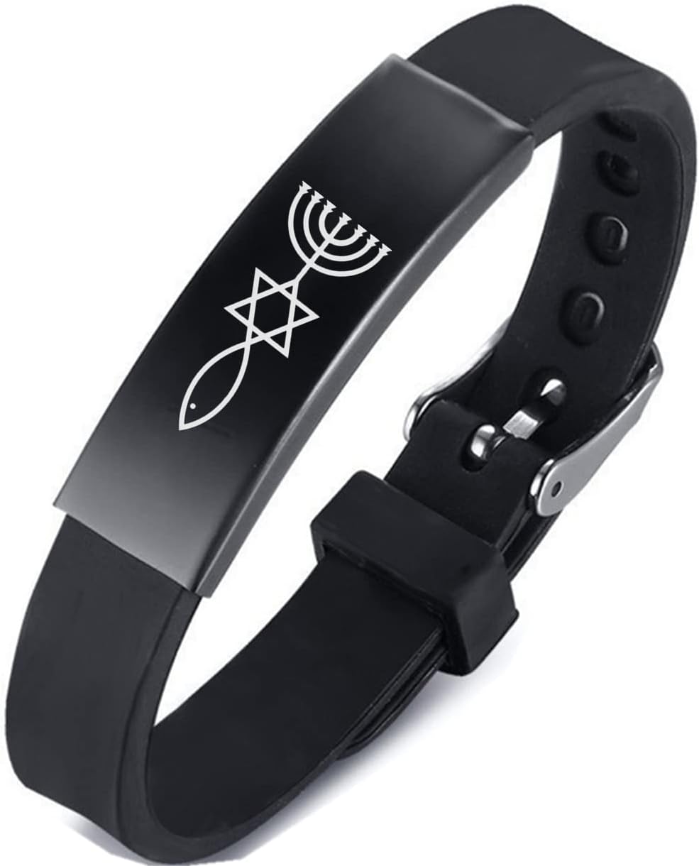 Adjustable Silicone Messianic Jewish Christian Bracelet for Women Men Teens, Jerusalem Seal Star of David Menorah Christ Fish Amulet Symbolic Bangle Wristband for Protection