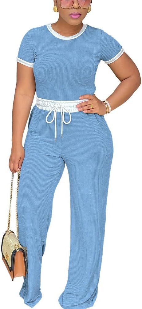 HTD Womens 2 Piece Outfits Casual Sweatsuits Set Short Sleeve Matching Sets Tracksuit