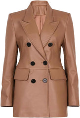 Women 2024 Spring Real Leather Jacket Whit Pockets Double Breasted Slim Black Leather Blazer