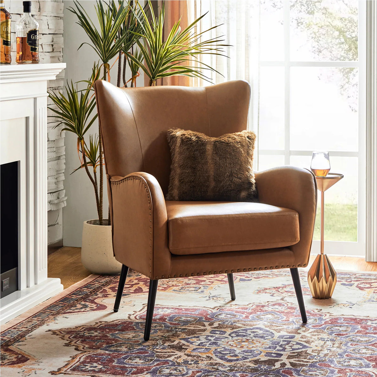 Invidiae Glam Faux Leather Wingback Armchair with Metal Legs Set of 2 by HULALA HOME