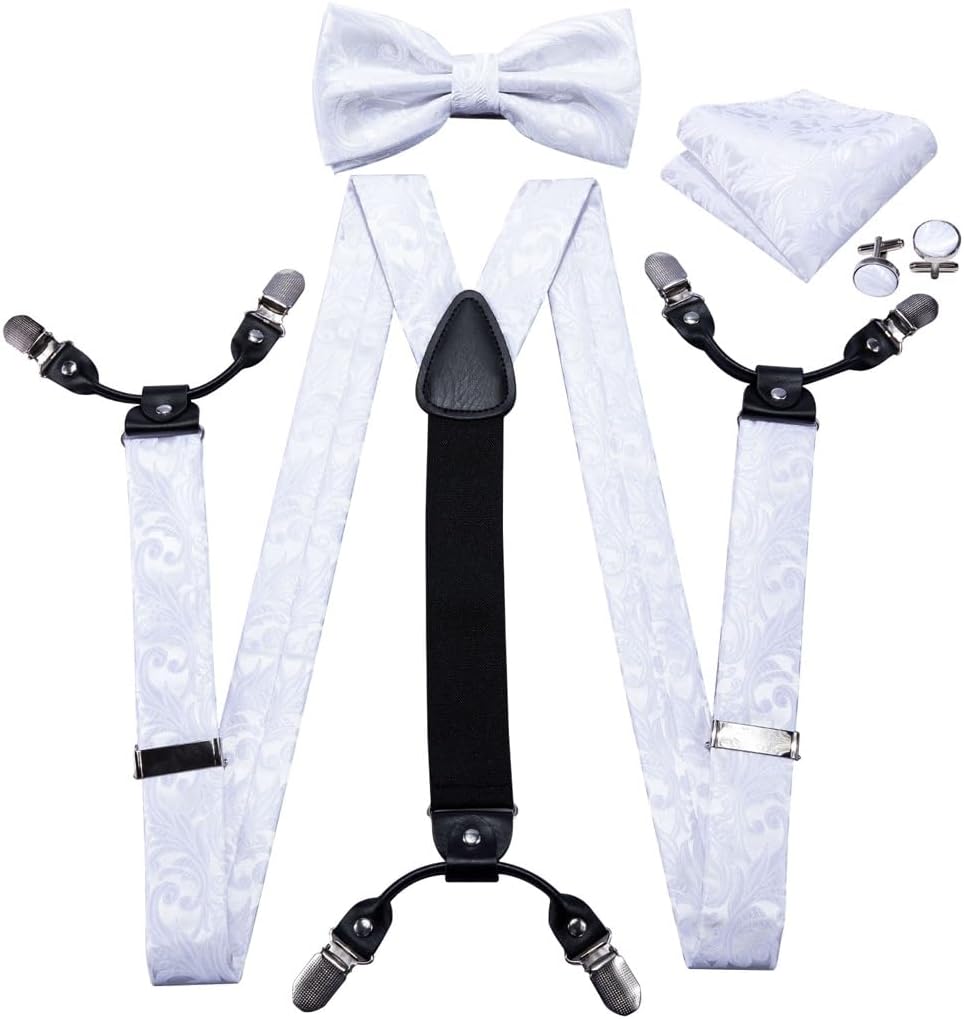 Men Suspender Set Silk Bowtie Silk Tie 6 Clips Waist Belt Braces Vintage Men Elastic Wedding Suspenders