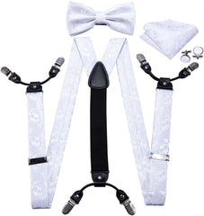 Men Suspender Set Silk Bowtie Silk Tie 6 Clips Waist Belt Braces Vintage Men Elastic Wedding Suspenders