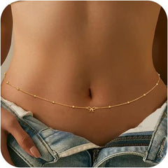 CHESKY Gold Waist Chain, Dainty Body Chain Jewelry for Women Non Tarnish Adjustable Waterproof Belly Chain Sexy Waist Beads for Womens Chain Belt Gold Heart Cross Bow Beach Prom Jewelry for Women