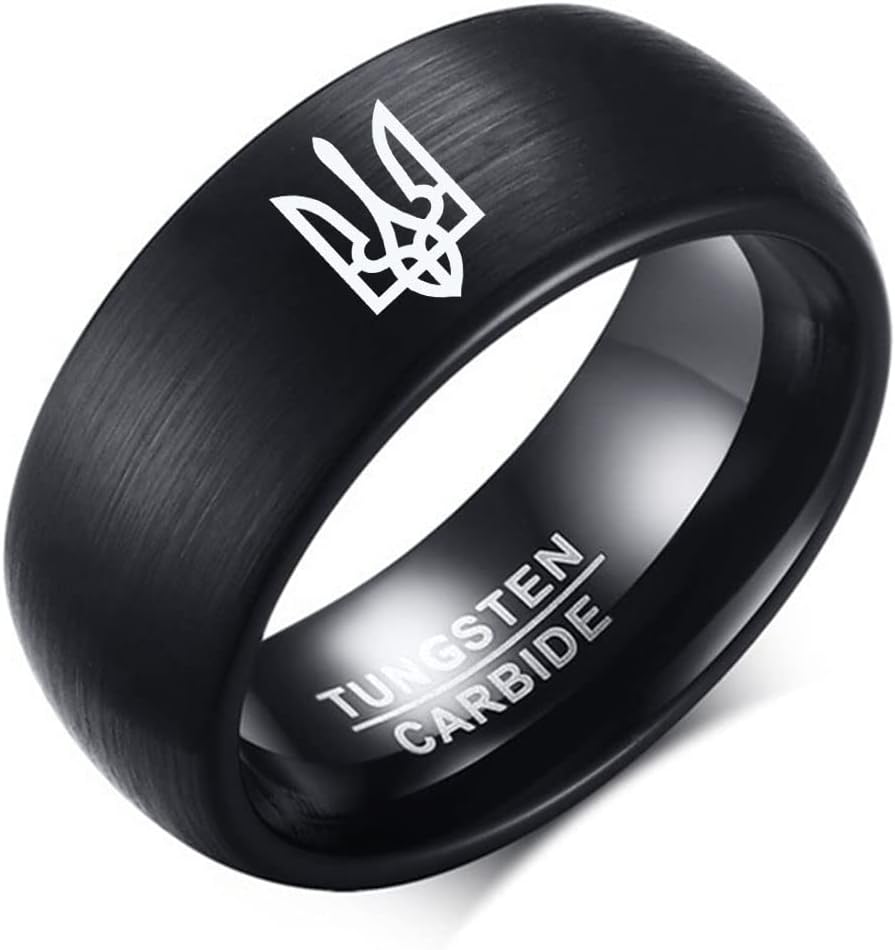 8MM Laser Coat of Arms of Trident Ukraine Flag Symbol Logo Tungsten Carbide Wedding Band Fashion Ring