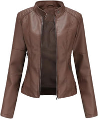 Women's PU Leather Jacket With Stand Collar Zipper Closure Biker Style For Spring And Autumn Wear