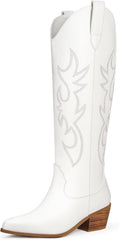 Ouepiano White Cowgirl Boots Women Cowboy Knee High Tall Boots Chunky Heel Pointed Toe Pull-On Western Wide Calf Boats Country Fashion