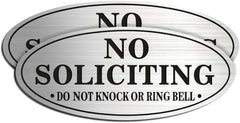 Set of 2 – No Soliciting Signs for House or Office, Self-Adhesive Metal-Plated Front Door Signs, Weatherproof (7” x 3”) (Brushed Nickle/Black)