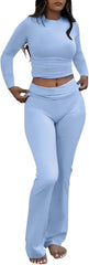 AYWA Women's 2 Piece Outfits Foldover Flare Pants Long Sleeve Crew Neck T-shirt Fitted Pajama Sets