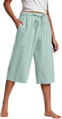 Capri Pants for Women Dressy Wide Leg Elastic Waist Pant Casual Cropped Pants Summer Beach Trousers with Pockets