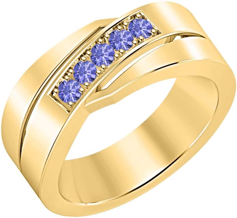 Jeffstone 0.50 Ctw Round Cut Lab Created Tanzanite 14K Gold Plated .925 Silver Engagement Wedding Band Ring For Men's