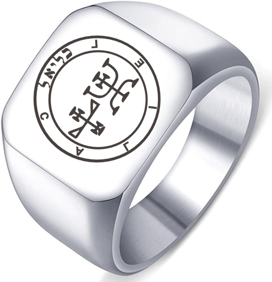 Engraved 72 Angels Symbol Caliel Energetic Symbols Silver Stainless Steel Men's Womens Seal Protection Ring