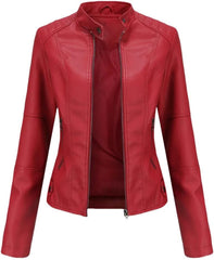 Women's PU Leather Jacket With Stand Collar Zipper Closure Biker Style For Spring And Autumn Wear