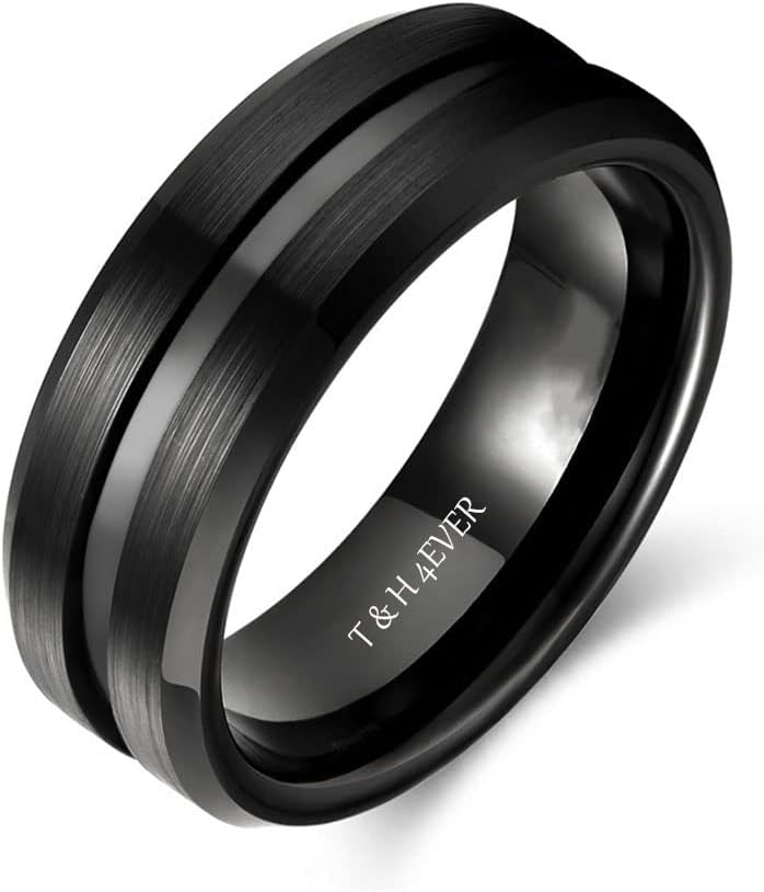 Men's Black Tungsten Carbide Wedding Band 8mm Comfort Fit,Promise Rings for Him Engraved Personalized,Custom Blue Line Engagement Ring for Men Silver/Gold/Rose Gold/Blue,Size 6-13