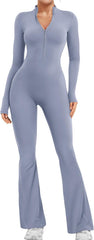 YEOREO Women Long Sleeve Flare Workout Jumpsuit Zip Up Romper Bottom Pants Wide Leg Bodysuit Bodycon Sexy One Piece