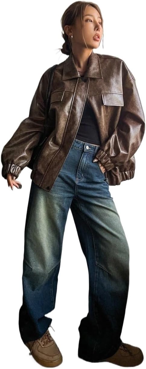 Women's 2024 Plain Fashion Winter Jackets Drop Shoulder PU Leather Jacket