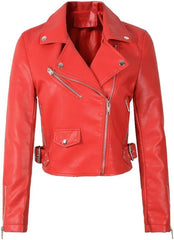 Women's And Girl's Red Brando Asymmetric Slim Fit Sheepskin Leather Motorcycle Jacket Biker Short Lenght Jacket