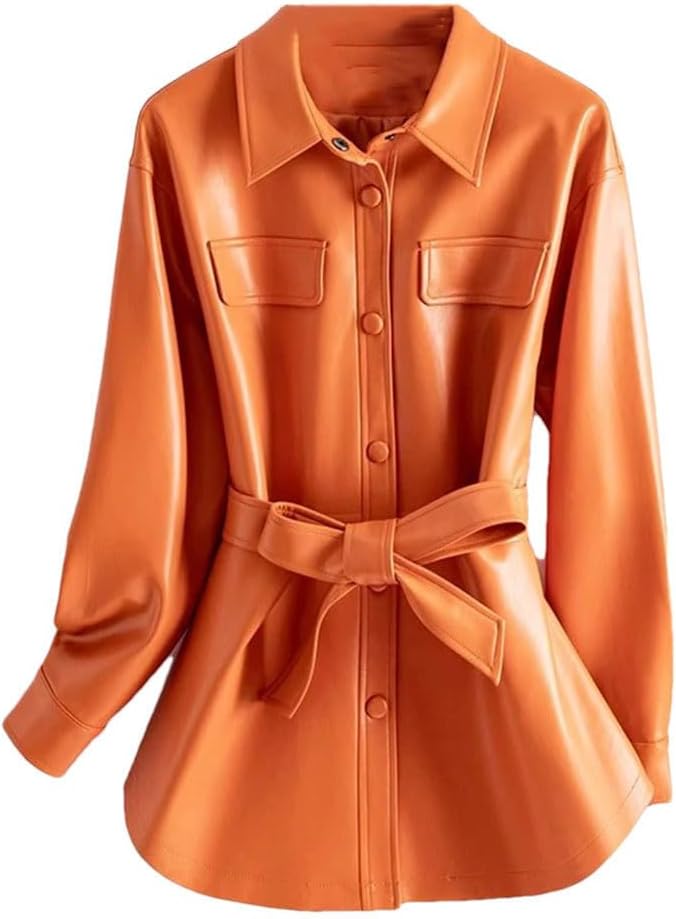 Women Shirt Style Leather Turn-Down Collar Lace-Up Slim Leather Coat Split Jacket