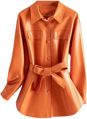 Women Shirt Style Leather Turn-Down Collar Lace-Up Slim Leather Coat Split Jacket