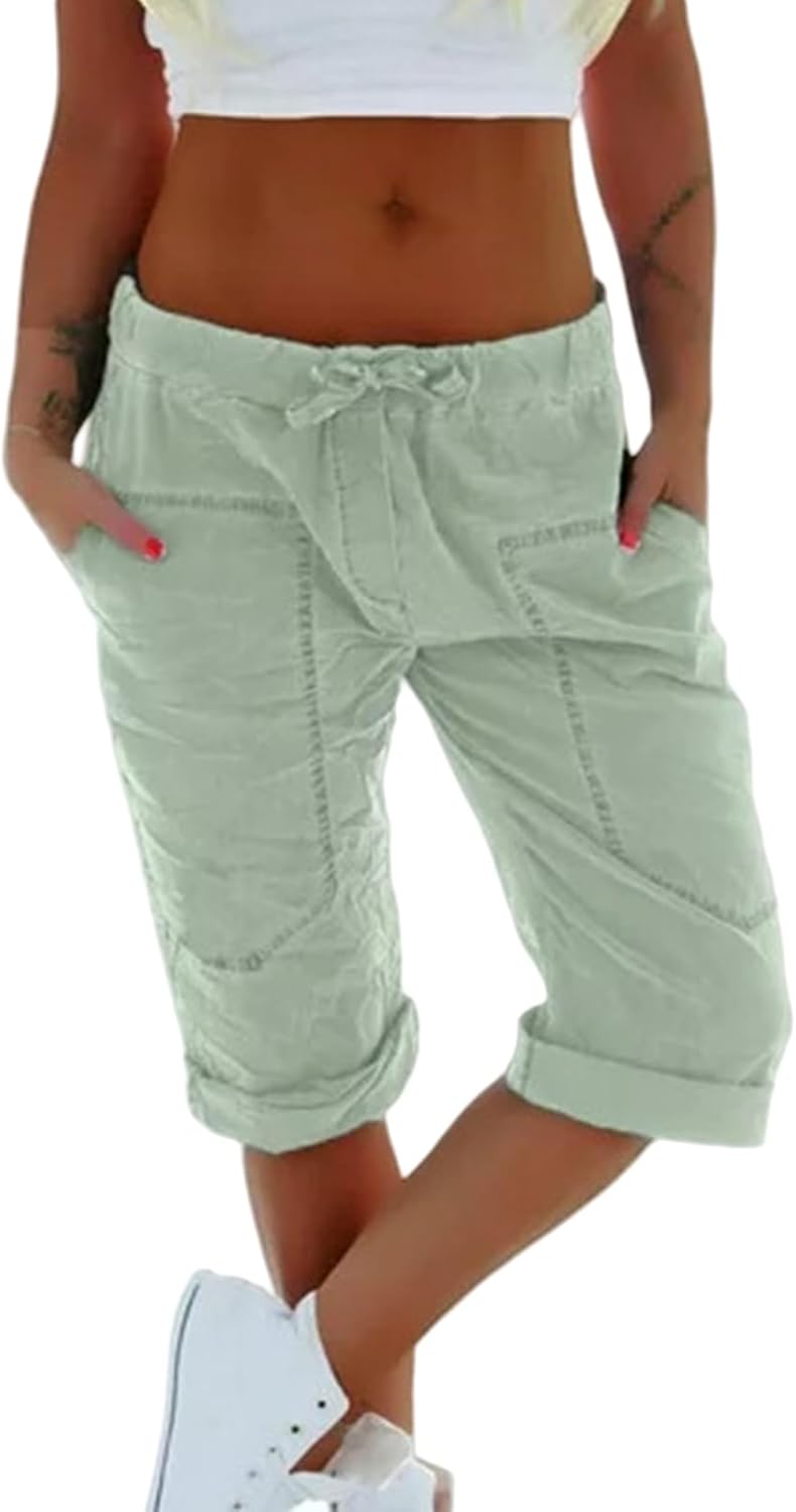 Kubbon Capri Pants for Women Casual Loose-Fit Cuffed Hem Capris Pant Drawstring Elastic Workout Cropped Pants with Pockets