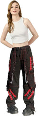 Women Vintage Goth Y2k Pants Punk Emo Baggy Bell Bottom Wide Leg Hip Hop Clothes Trousers Bootcut Jeans Strap Chain Striped