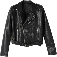 PU Leather Cropped Motorcycle Jackets For Women Spring Zipper Slim Belted Leather Jacket