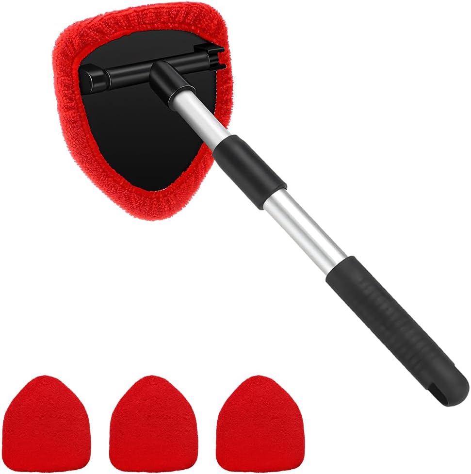 Car Windshield Cleaner Tool, Vehicle Window Detailing Cleaning Kit with Extendable Handle & 4 Washable Microfiber Pad, Auto Glass Wiper Cleaner for Exterior & Interior, Universal Fit (Red)