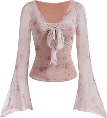 Verdusa Women's Y2K Tie Front Tops Bell Sleeve Floral Print Mesh Tops Long Sleeve Shirts 2000s Clothing