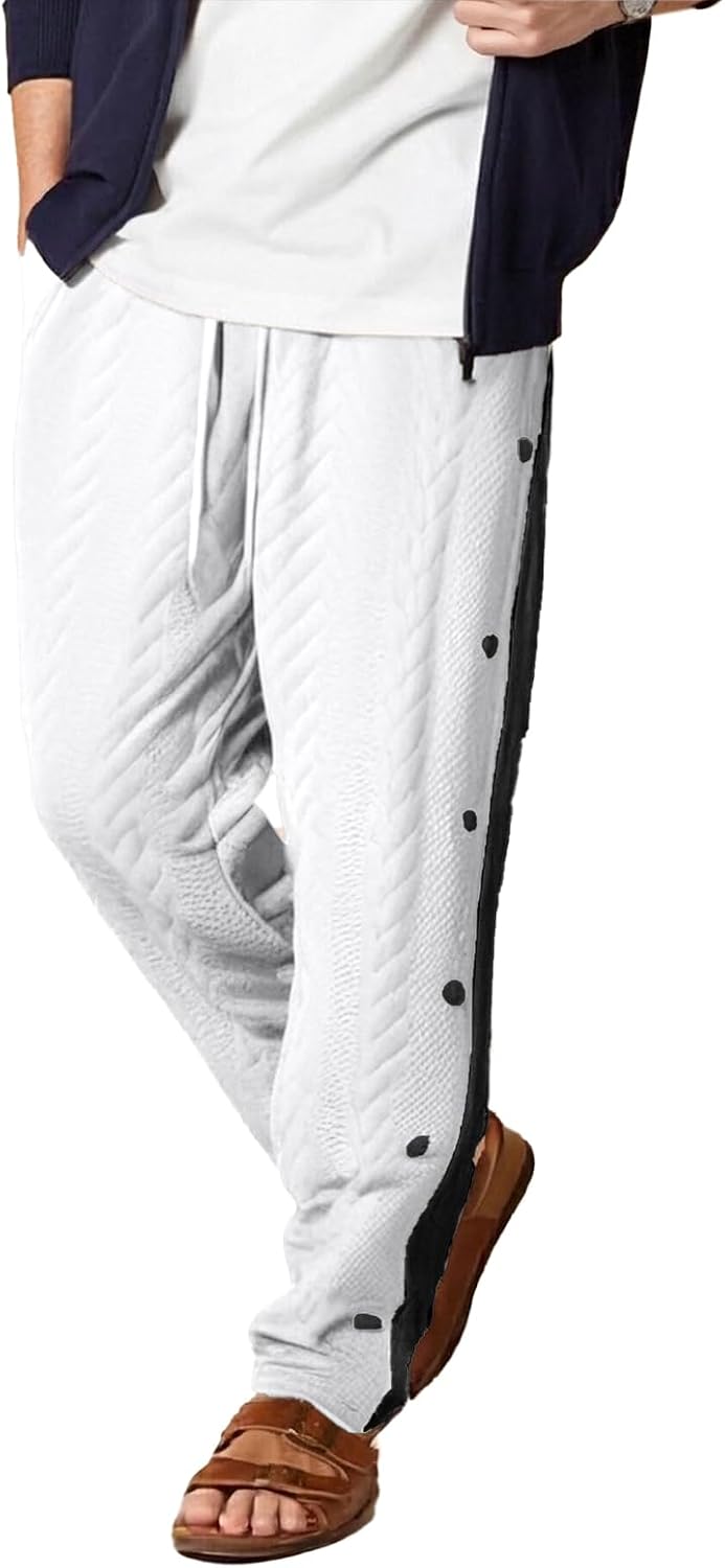 Mens Tear Away Pants Jacquard Snap Button Down Elastic Waist Drawstring Post Surgery Recovery Sweatpants