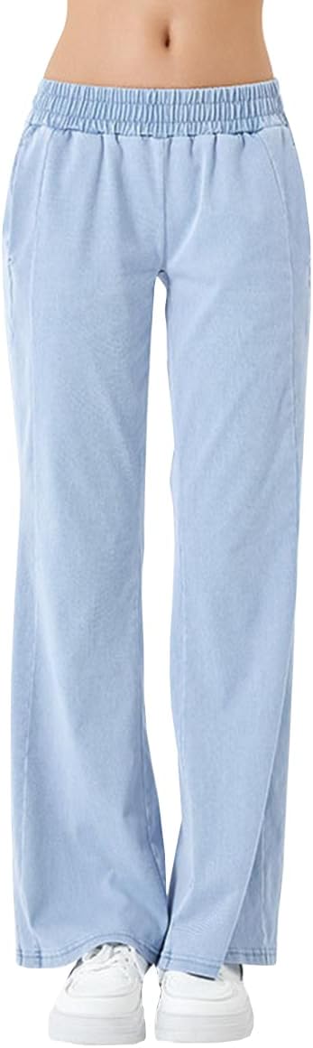 Women's High Waisted Stretchy Jeans Lightweight Elastic Waist Sports Fitness Casual Straight Leg Denim Jeans