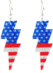 Pingyongchang Cute Funny American Flag Red Wine Acrylic Dangle Earrings 4th of July Red White Blue Heart Flower Lightning Bow Chicken Fireworks Glitter Patriotic Earring for Women