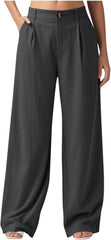 Linen Pants Women Wide Leg Button Work Dress Pant Lightweight Soft Comfy Casual Business Trousers with Pockets
