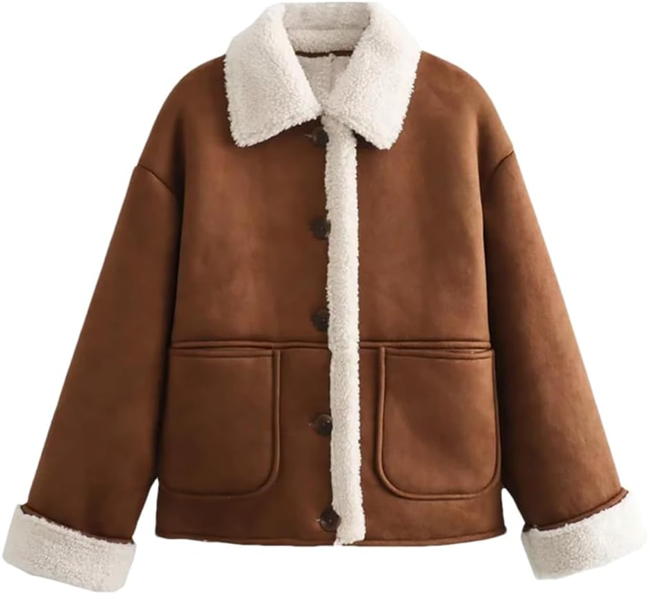 Fulbant Women'S Artificial Leather Double Faced Cropped Jacket Coat Single Breasted Patch Pockets Crop Top