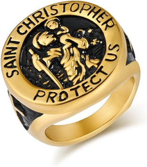 Vintage Patron Saint Christopher Titanium Steel Ring for Men – Religious Protection Amulet