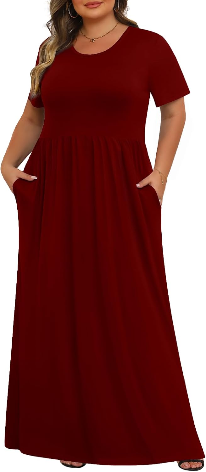 Tencede Womens Plus Size Maxi Dresses Summer 2025 Casual Short Sleeve with Pockets Long Dress 1X-5X