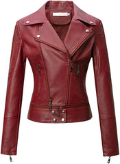 Women's Spring Fashion PU Leather Motorcycle Jacket Biker Style Zipper Coat Moto Outerwear