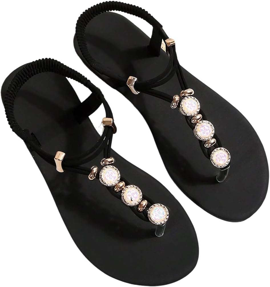 SweatyRocks Women's Rhinestone Flat Sandals T-Strap Summer Comfortable Thong Sandals with Elastic Ankle Strap