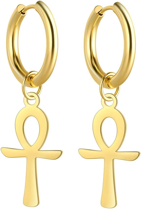 Egyptian Ankh Cross Pendant Earrings Stainless Steel Dangle Hoop Earrings Key of Life Amulet Classic Cross Jewelry for Women Men