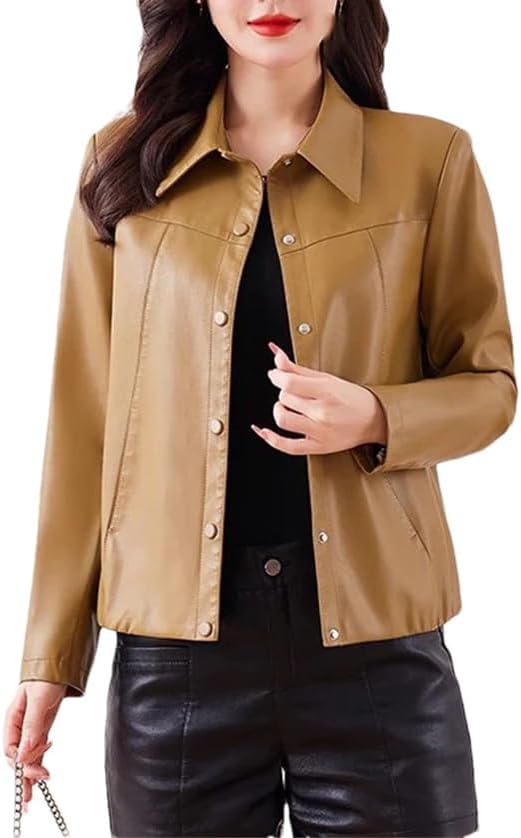 Women Short Leather Coat Spring Fashion Turn-Down Collar Single Breasted Casual Slim Jacket Leather Outerwear