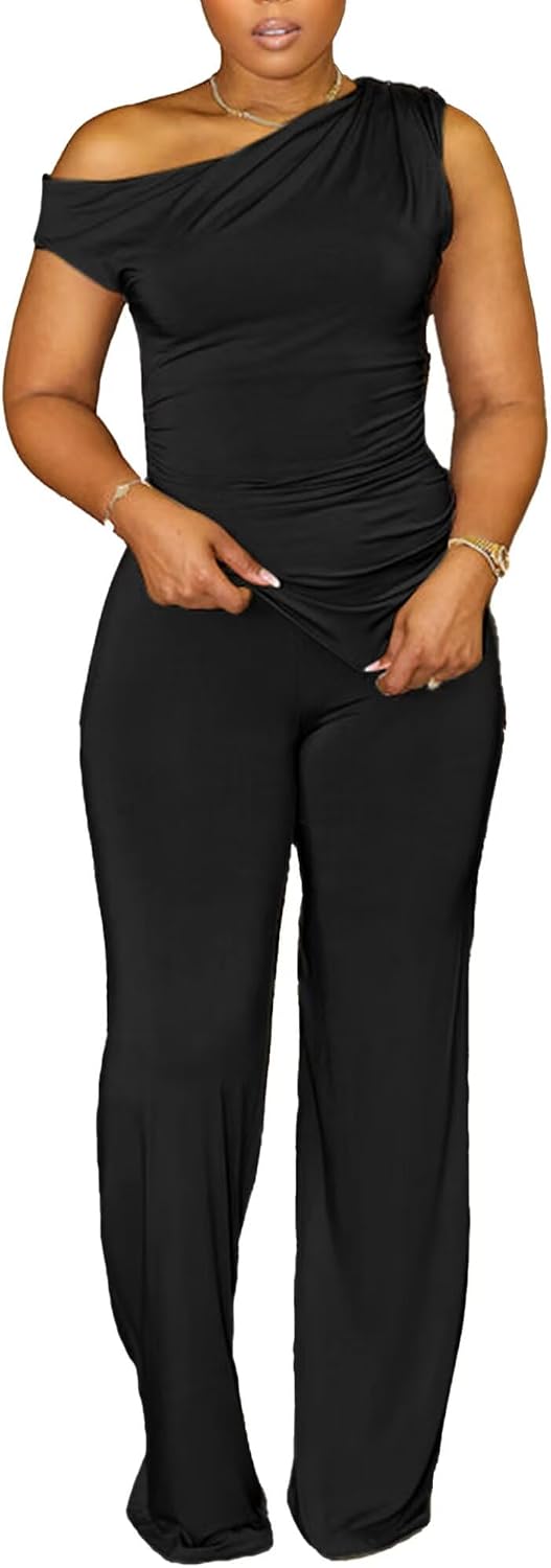 CXXQ 2 Piece Club Outfits for Women Clubwear Sexy Off Shoulder Ruched Crop Tops Bodycon Wide Leg Pant Sets Pantsuits