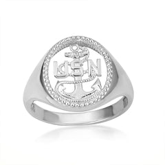 10K Yellow, White, and Rose Gold Officially Licensed Men’s United States Navy Anchor Chief Petty Officer Milgrain Open Signet Band or Pinky Ring, Available in Sizes 6-16