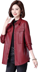 Women Shirt Style Leather Turn-Down Collar Lace-Up Slim Leather Coat Split Jacket