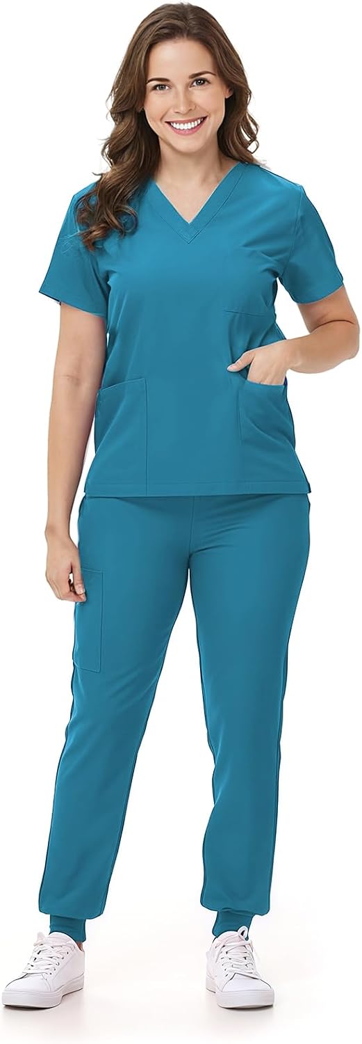 Scrubs Set for Women Nurse Uniform V-Neck Top and Drawstring Jogger Pants with Multi Pocket Nurse Workwear