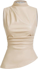 SHENHE Women's Mock Neck PU Leather Pleated Asymmetrical Sleeveless Fitted Dressy Tank Top