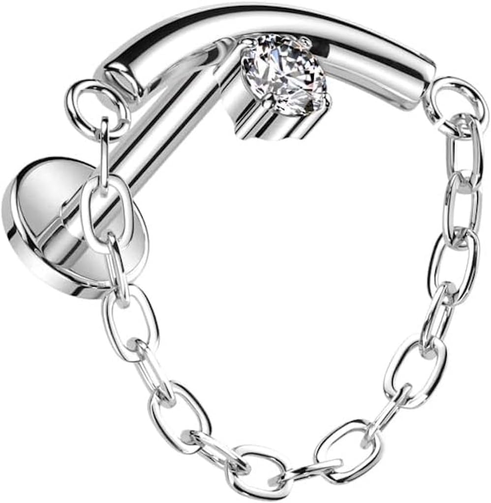 Titanium Internally Threaded Labret With Chain Linked Curved Bar With Prong CZ