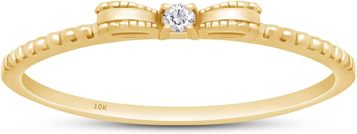 Round White Natural Diamond Accent 10k Solid Gold Bow Ribbon Beaded Band Promise Ring (I-J Color, I2-I3 Clarity)