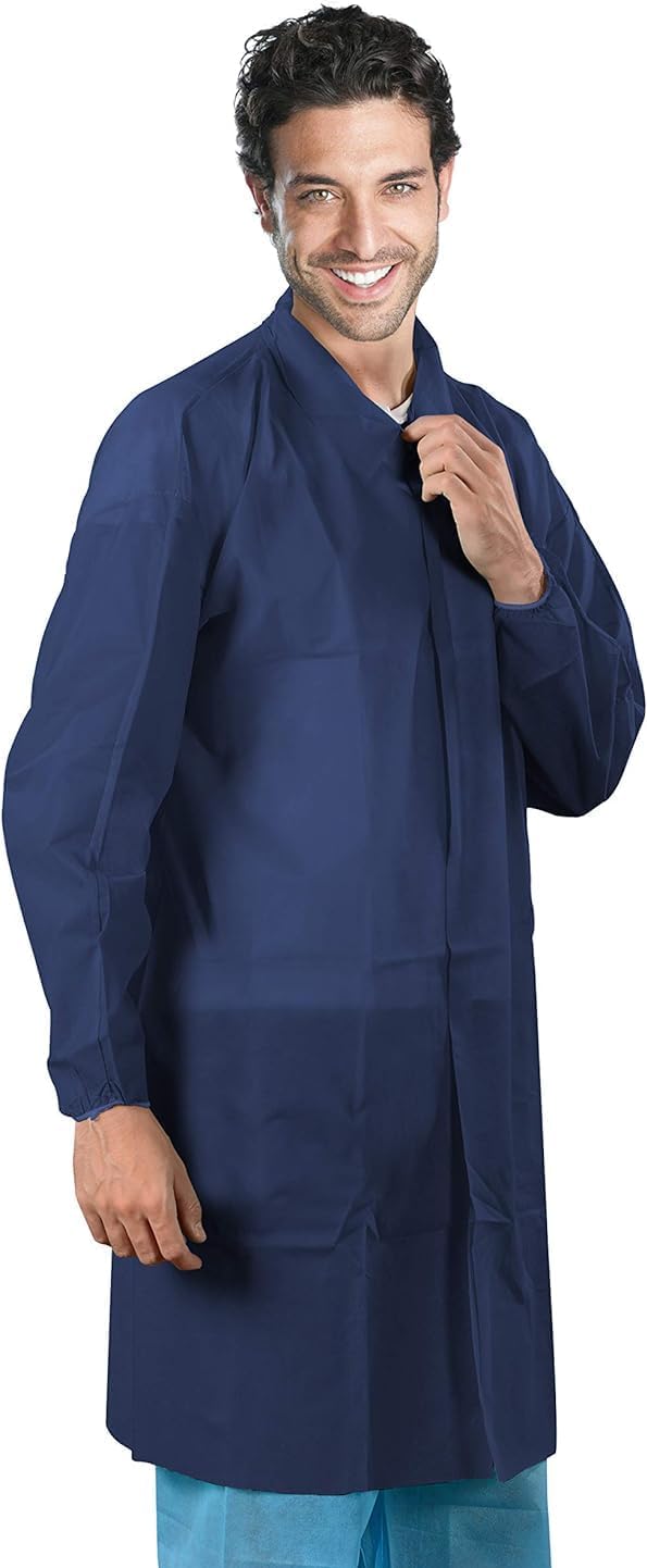 AMZ Medical Supply Dark Blue Disposable Lab Coats for Adults, Large. Pack of 10 Disposable Lab Coat Knee Length. Durable Polypropylene 35 GSM Medical PPE Coat with Elastic Wrist, Loop Fastener