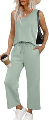 WIHOLL Two Piece Set for Women Summer Outfits Vacation Trendy Lounge Sets V Neck Matching Sets