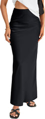 Vrtige Women's Elegant Satin Silky High Waist Zipper Flowy A Line Maxi Long Skirt
