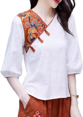 Ethnic style embroidered casual suit women, spring and retro Vneck loose cotton linen top pants twopiece set