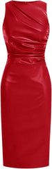 WDIRARA Women's PU Leather Ruched Sleeveless Slit Bodycon Midi Tank Dress